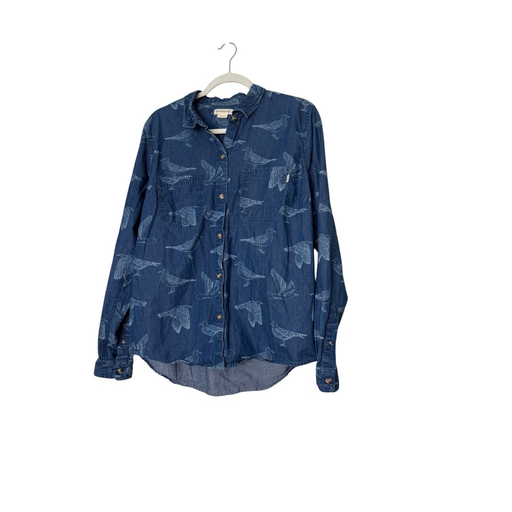 Obey Propaganda Mens Large Blue Denim Bird Print Button Down Shirt Casual Ocean